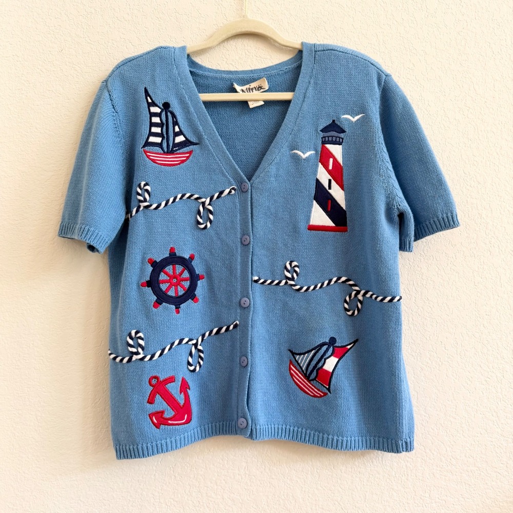Bechamel Womens Blue Nautical Embroidered Short Sleeve Cardigan Sweater Large - Picture 5 of 12